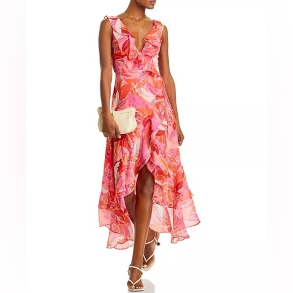 NWT AQUA Pink Botanical Wrap Dress Bloomingdale’s exclusive midi high low - Picture 4 of 11